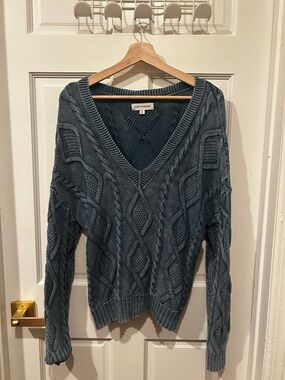 Lucky Brand Teal Blue Cable-Knit V-Neck Sweater
